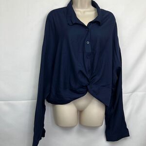 In’Voland Navy Blue Button Front blouse cinched at waist size 24W NWT